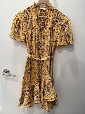 Sandro Paris Belted Yellow Floral Mini Dress Ruffle Hem Short Sleeve Size 2